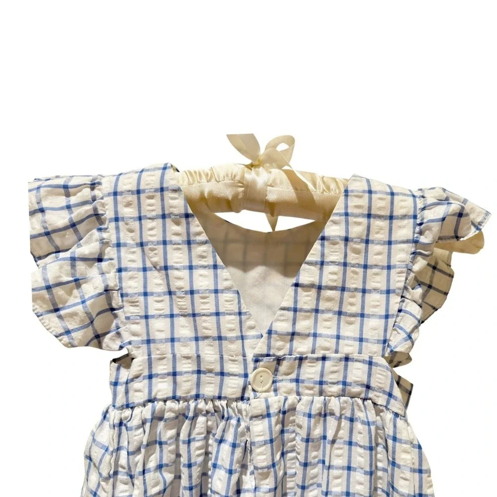 Vintage Girls 4T Strawberry Embroidered Blue Check Seersucker  Dress 4th of July